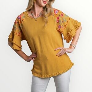Umgee Linen Blend Top Floral Embroidery Bell Sleeve in Mustard size Medium Boho